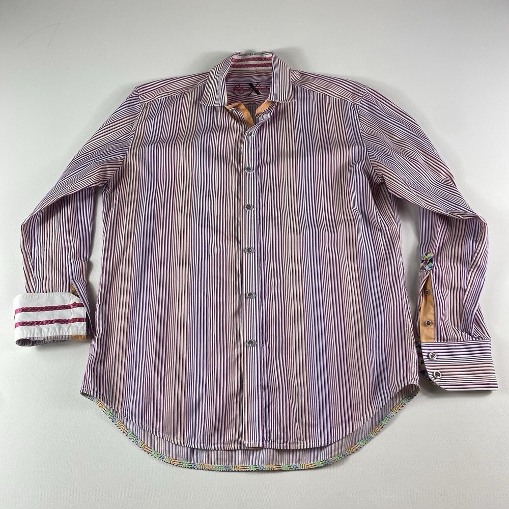 Robert Graham X Shirt Mens Medium Striped Flip Cuff Long Sleeve Tailored Fit